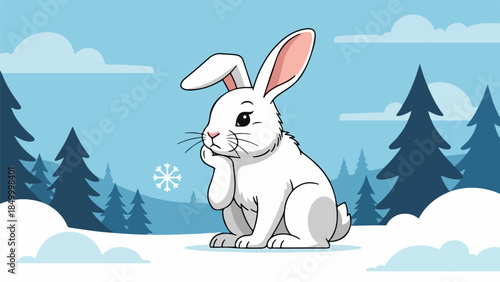 White rabbit in a winter landscape with coniferous trees and snowflake