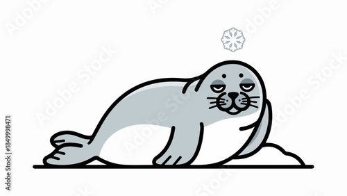 Light gray seal illustration with a snowflake in a winter theme