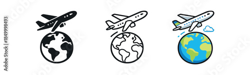 minimal travel plane flying above small earth globe