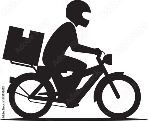 Delivery person riding bicycle with large box on back