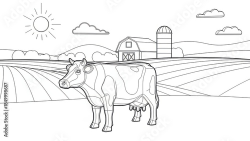 Outline drawing of a dairy cow standing peacefully in a pastoral farm landscape under a bright