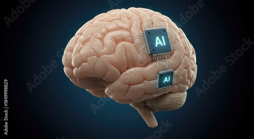 Artificial intelligence chips implanted in human brain on dark blue background for futuristic technology concept with glowing blue ai processors