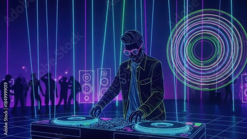 Vibrant neon DJ performance in a pulsating retro-futuristic nightclub scene with energetic dancers