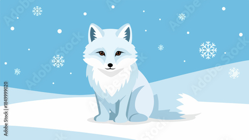 White fox sitting in a snowy landscape with a blue sky and drifting snowflakes