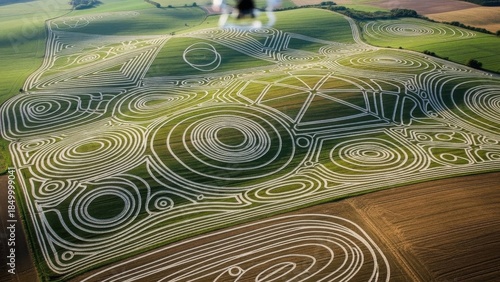 Intricate geometric and organic patterns etched into vast green agricultural fields from an aerial