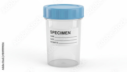 Medical specimen container with blue cap and label isolated on white background laboratory diagnostics concept