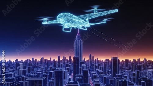Futuristic drone scanning smart city skyline with advanced technology and digital urban data