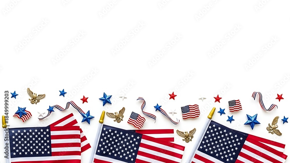 Obraz premium American Flags with Stars and Ribbons on White.