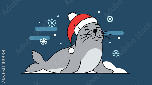 Cartoon seal wearing a Santa hat lying on its stomach with a peaceful expression against a winter night sky with snowflakes