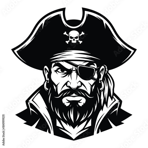 Pirate with a beard and an eye patch wearing a pirate hat with a skull and crossbones  a menacing sea captain