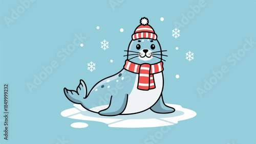 Playful cartoon seal wearing a red and white striped hat and scarf sitting on snow with a light blue backdrop