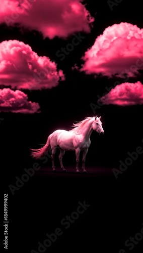 Ethereal Horse in a Void – Vibrant Pink Clouds in a Surreal Dreamscape (Mystical Fine Art Photography)
