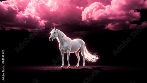 Ethereal Horse in a Void – Vibrant Pink Clouds in a Surreal Dreamscape (Mystical Fine Art Photography)