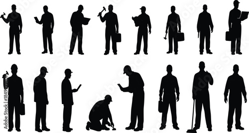 Construction Worker Silhouette Set Showing Different Labor Roles And Tools, Black Industrial People Vector Icons Isolated On White Background