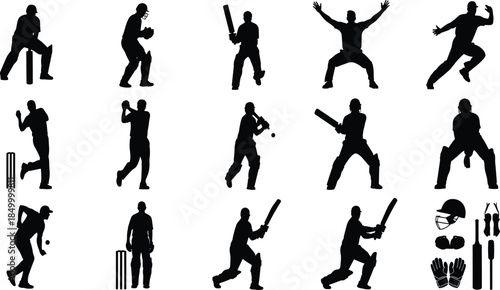 Cricket Player Silhouette Set Showing Batting, Bowling And Fielding Actions, Black Sports Vector Icons Isolated On White Background