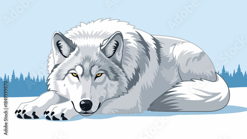 Illustration of a wolf resting in a snowy winter landscape with blue trees and a light blue sky