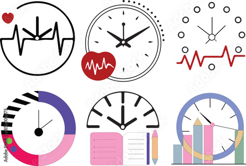 A set of minimal interface-style icons including heartbeat symbols, clock indicators, labels, useful for dashboards, apps, or infographics.