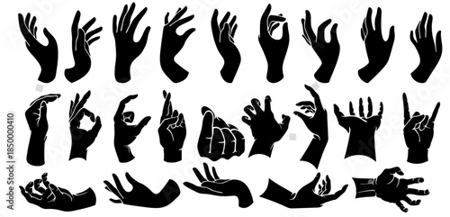 Black hand gesture silhouettes set showing various signs and poses, perfect for communication, sign language, icons, symbols, and graphic design projects.