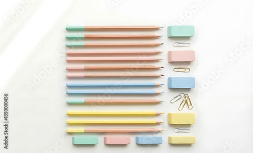 Knolling flat lay of pastel colored pencils, erasers and paper clips arranged on white background. Organized school stationery and office supplies concept. AI GENERATED
