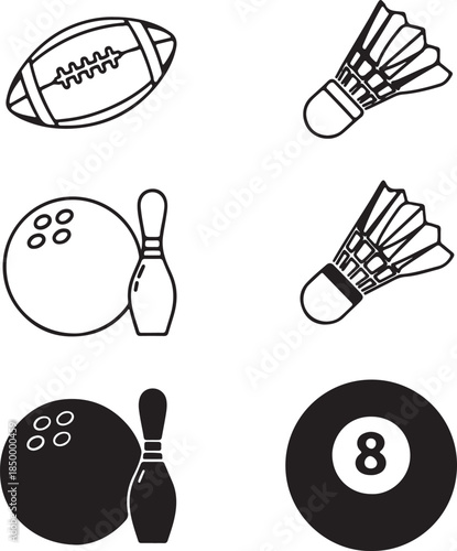 Sports Equipment Icons American Football Bowling Badminton and Billiards rugby bowling ball