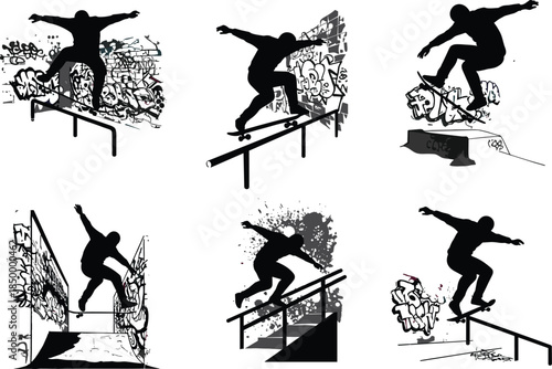 Skateboarder performing tricks on rail, street skateboarding action with graffiti background, urban sport vector illustration, extreme skate style design for youth culture artwork