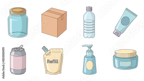 Various packaging and containers for products, including jars, boxes, bottles, and tubes