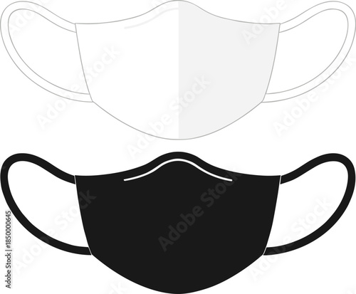 Set of medical face mask icons in black and white styles for protection against viruses and dust isolated on white background flat vector illustration