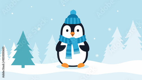 Playful penguin with blue hat and scarf in a winter landscape with evergreen trees and falling snowflakes
