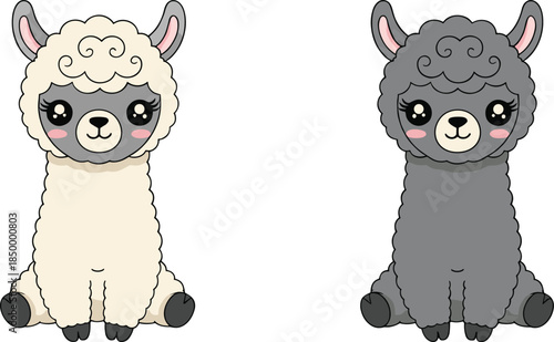 Set of cute kawaii llama characters in white and grey colors with fluffy wool and expressive eyes isolated on white background flat vector illustration for nursery decor and children stickers