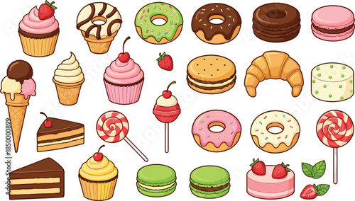 Set of colorful dessert icons featuring cupcakes donuts ice cream cones macarons lollipops and cake slices isolated on white background flat vector illustration