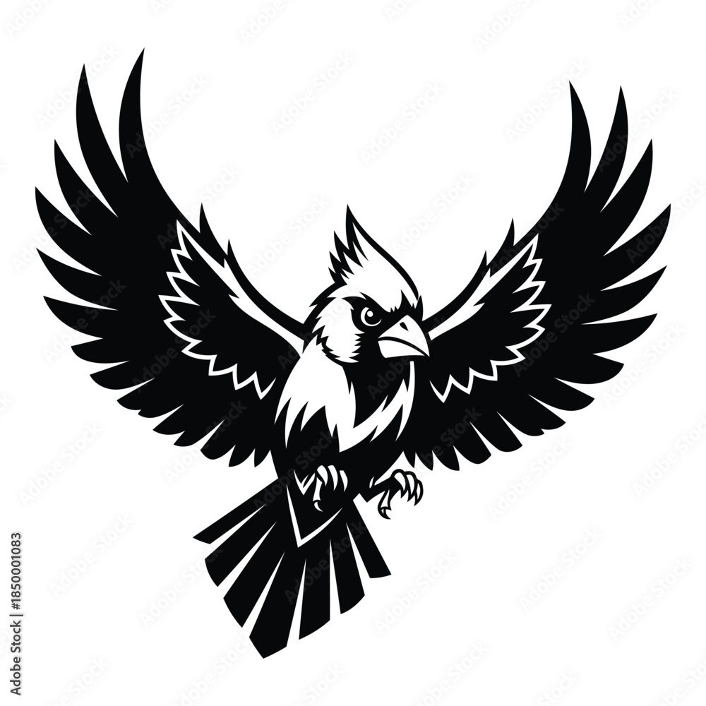 Fototapeta premium Black and white bird with wings spread wide in flight motion graphic