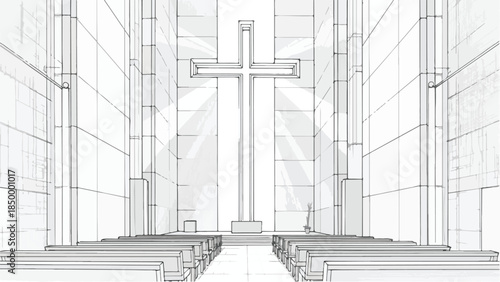 Modern minimalist church interior with large cross and rays of light vector illustration