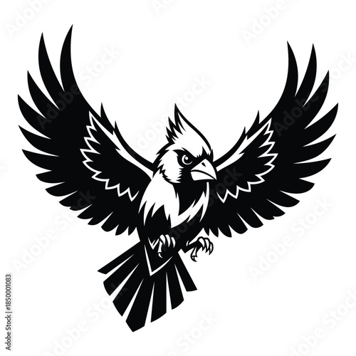 Black and white bird with wings spread wide in flight motion graphic