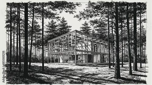 Glass greenhouse architecture in the middle of a dense pine forest vector sketch
