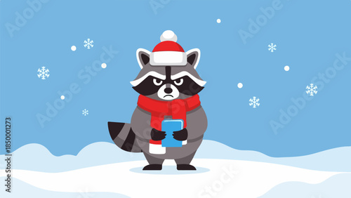 Cartoon raccoon in Santa hat holding gift box in snowy winter landscape