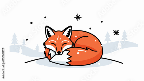 Illustration of a fox sleeping in a winter landscape with a blue sky and snow-dusted trees