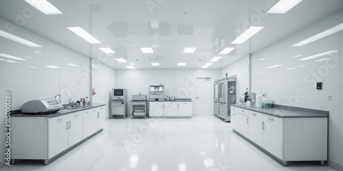 Cleanroom Laboratory An immaculate, sterile cleanroom with smooth white walls and pristine, reflective floors. The space is illuminated by fluorescent