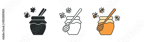 beekeeping honey jar with wooden dipper and buzzing bees nearby