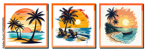 Tropical beach illustrations with palm trees, ocean waves, and warm sunset colors, perfect for summer, vacation, travel, and coastal design themes