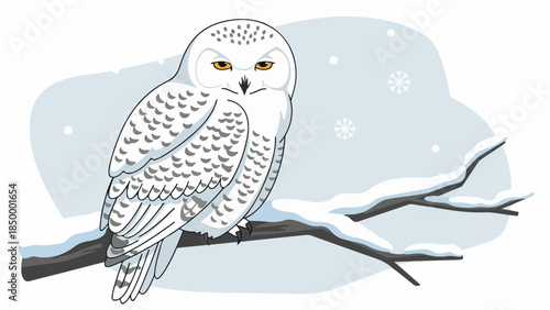 Snowy owl with yellow eyes perched on a snow-dusted branch in a winter landscape