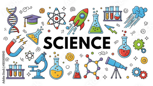 Science education and research flat design concept with colorful icons