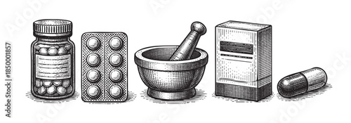 A collection of vintage pharmaceutical items including a pill bottle, blister pack, mortar and pestle, box, and capsule, rendered in a black and white engraving style.