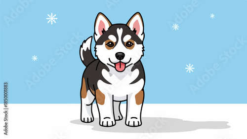 Siberian Husky with black and white fur standing on snowy ground with light blue sky and snowflakes