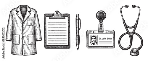 A vintage sketch features a lab coat, clipboard, pen, ID badge, and stethoscope arranged against a white background, perfect for healthcare or academic illustrations.