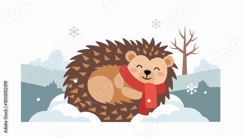 Hedgehog in a red scarf curled up in a snowy winter landscape