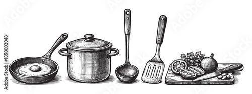 An artistic, black and white drawing of various kitchen utensils, including a frying pan with an egg, a pot, a ladle, and a spatula, alongside ingredients like tomatoes, herbs, onion, and garlic on a 