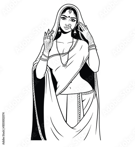 Graceful Woman in Saree Performing Classical Dance Pose  Black and White Cultural Illustration
