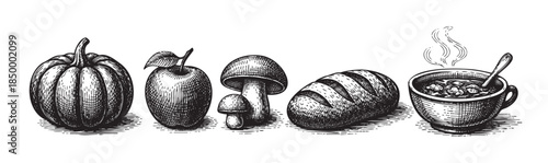 Black and white illustration of autumn harvest food items including a pumpkin, apple, mushrooms, bread, and a bowl of soup, rendered in a vintage etching style.