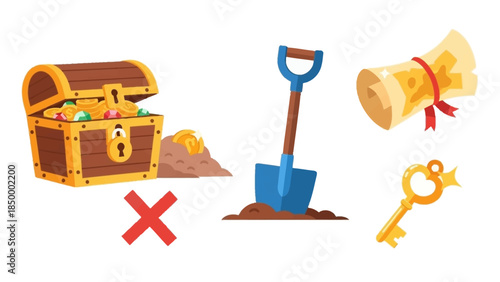 Treasure Chest, Shovel, Scroll, and Key Illustration