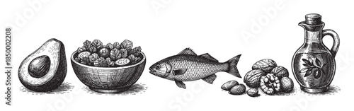 A vintage black and white illustration depicts a healthy meal composition including avocado, salad, fish, nuts, and olive oil, perfect for culinary themes.